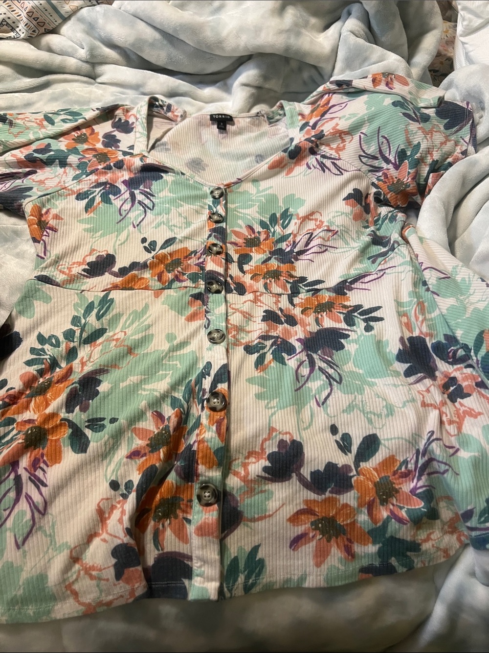 torrid Mint Floral Button-Front Short Sleeve Top